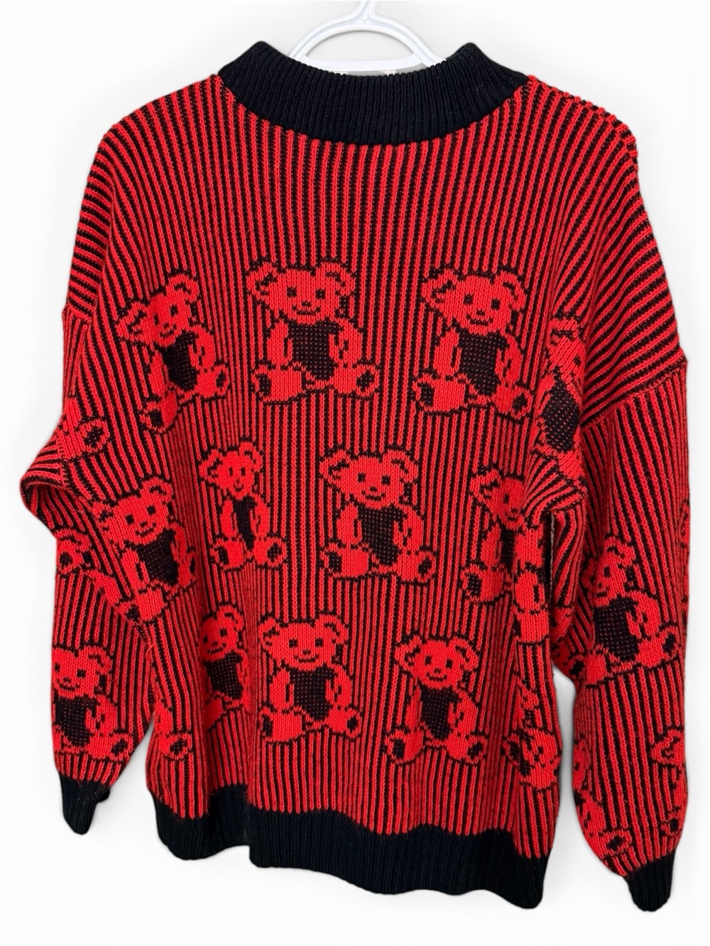 Vintage Adele Teddy Bear Knit Sweater Red Black Oversized Grandpa Cottagecore